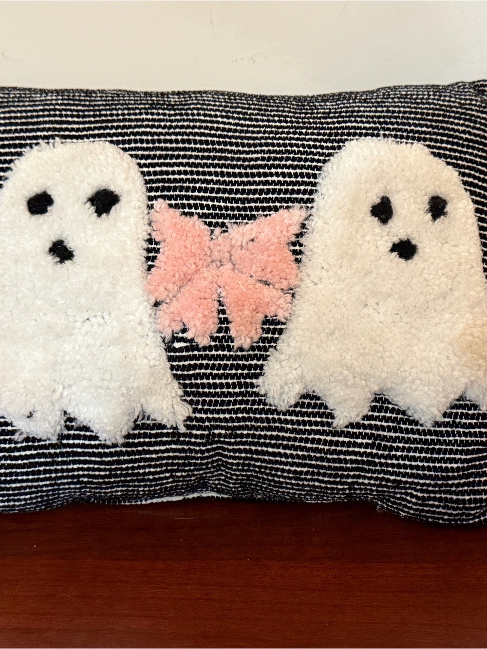 Goblin & Ghoul Halloween Fuzzy Ghost Decorative Pillow Striped Black/White Pink